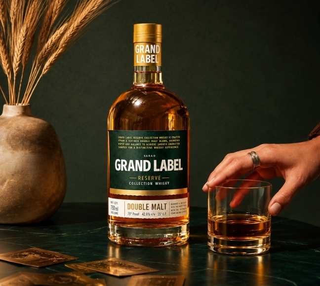 Close-up of Grand Label Reserve Collection Whisky bottle and premium label