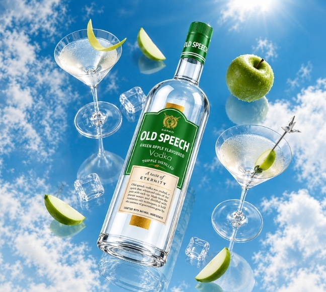 Close-up of Old Speech Green Apple Vodka bottle and green apple character