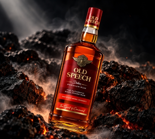 Close-up of Old Speech Deluxe Premium Rum bottle showing its rich rum character