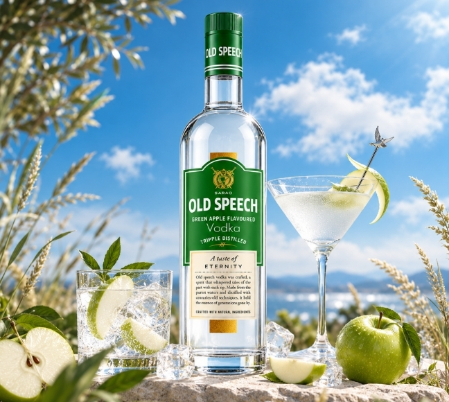 Old Speech Green Apple Vodka bottle by Sarao Distillery