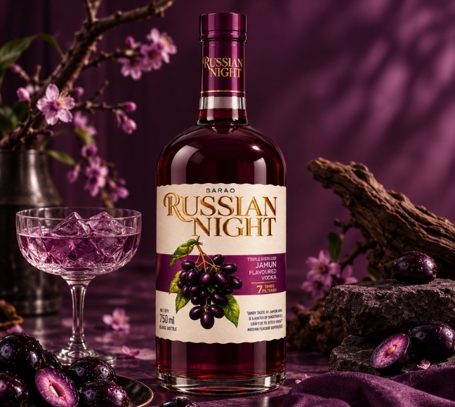 Russian Night Jamun Vodka bottle with jamun and mint by Sarao Distillery