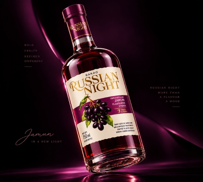 Russian Night Jamun Vodka bottle with its deep-purple jamun-inspired presentation