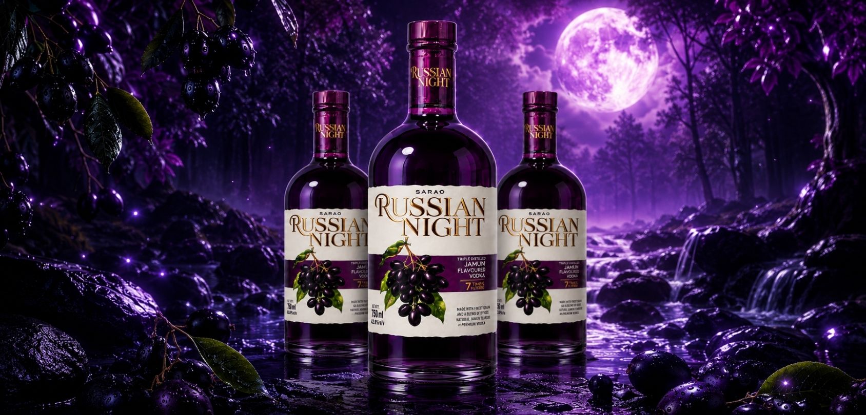 Three bottles of Russian Night Jamun Vodka in a purple jamun-inspired setting